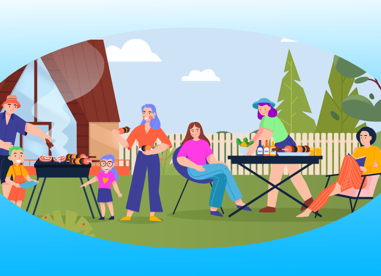 Παρέα απολαμβάνει barbecue σε κήπο κατοικίας το καλοκαίρι
