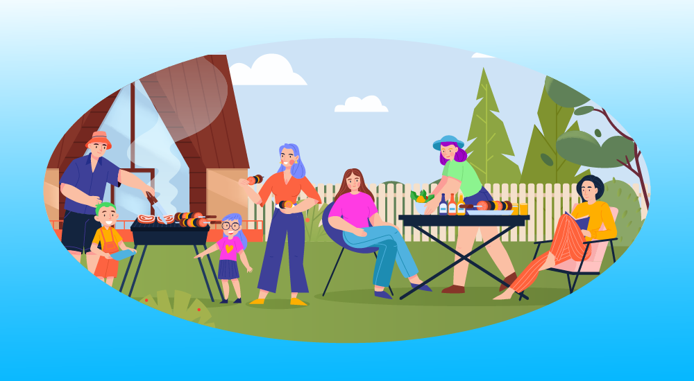 Παρέα απολαμβάνει barbecue σε κήπο κατοικίας το καλοκαίρι