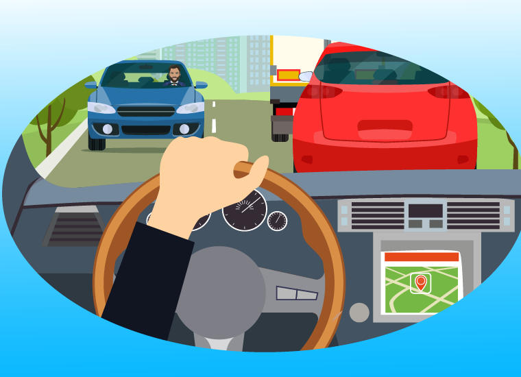 Οθόνη GPS και smartphone στο ταμπλό αυτοκινήτου, με φόντο την κίνηση των οχημάτων σε αυτοκινητόδρομο.