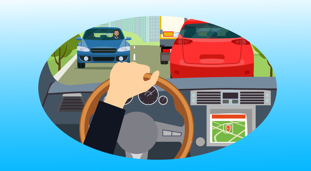 Οθόνη GPS και smartphone στο ταμπλό αυτοκινήτου, με φόντο την κίνηση των οχημάτων σε αυτοκινητόδρομο.